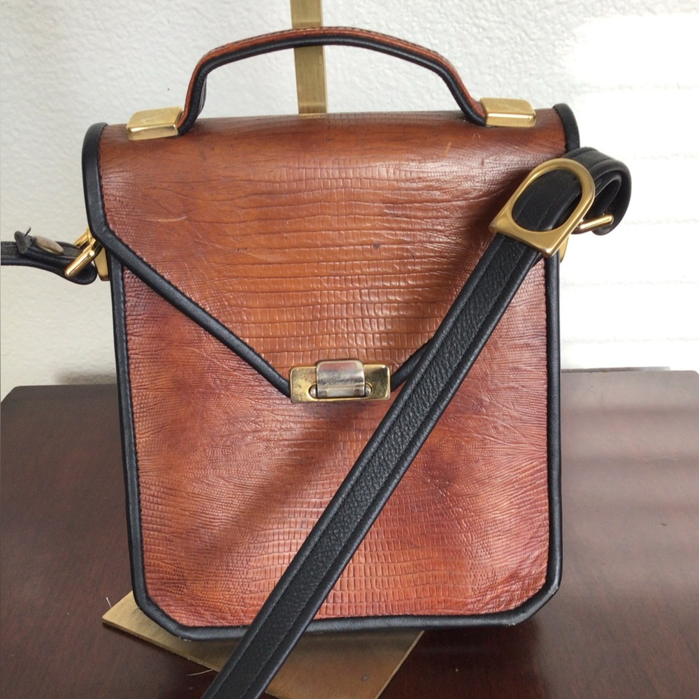 Roche Brown/Black Vintage Snakeskin Leather Satchel Shoulder Bag
